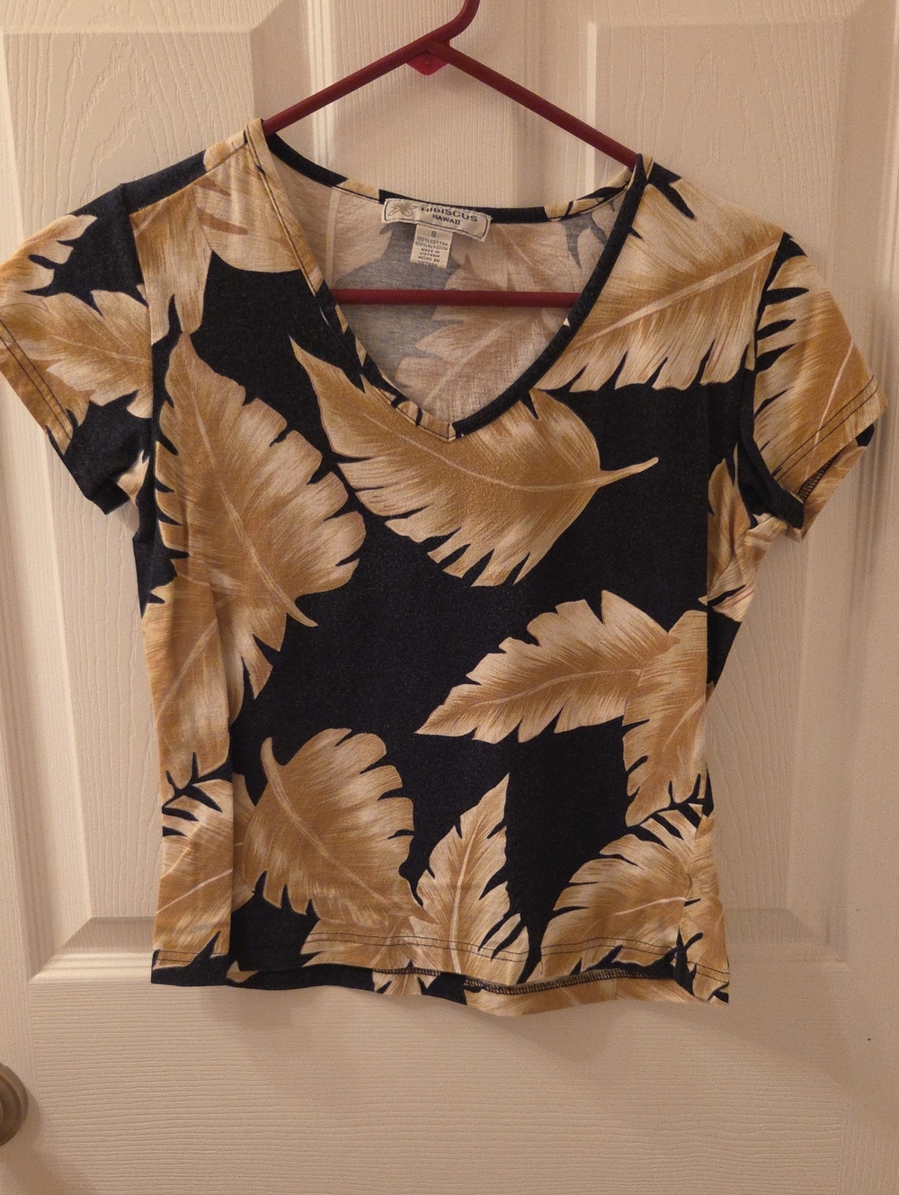 Black V-Neck Tee with Gold Leaf Print